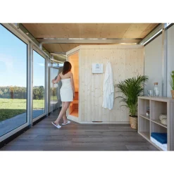 Stålskure ^ Biohort CASANOVA MED HØJREVENDT DØR SAUNA TRÆ
