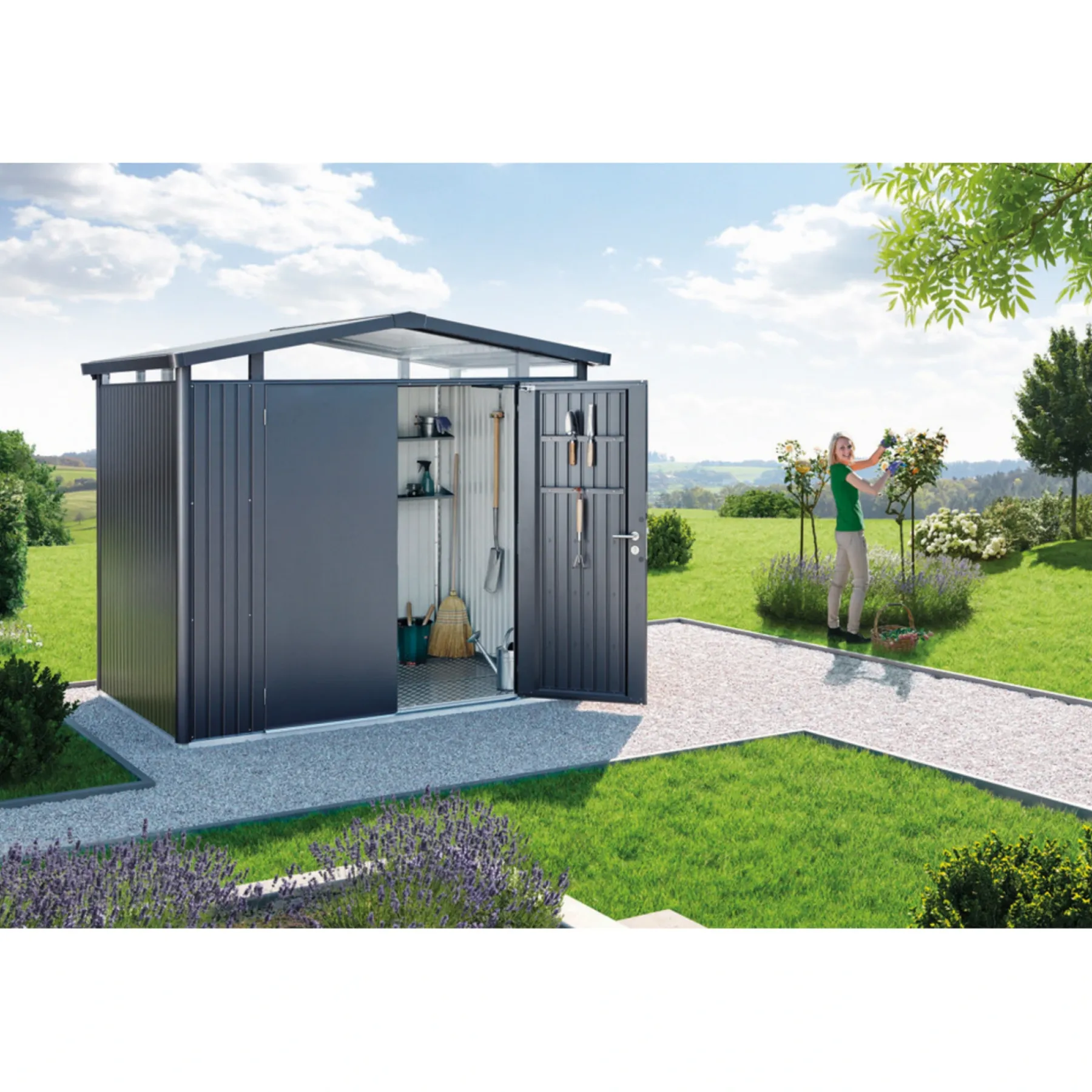 Stålskure ^ Biohort PANORAMA P2 REDSKABSRUM KVARTSGRÅ METALLIC 5,41 M2