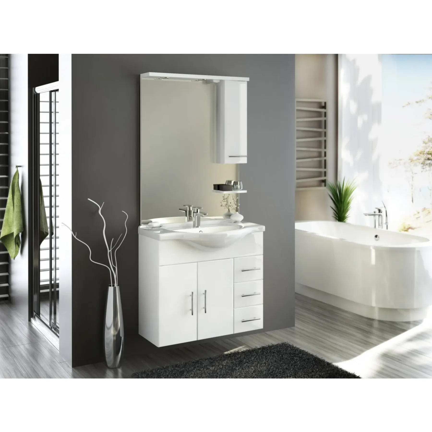 LIMONE BADMØBEL HVID HØJGLANS LÅGER OG SKUFFER 86 CM>Milobad New
