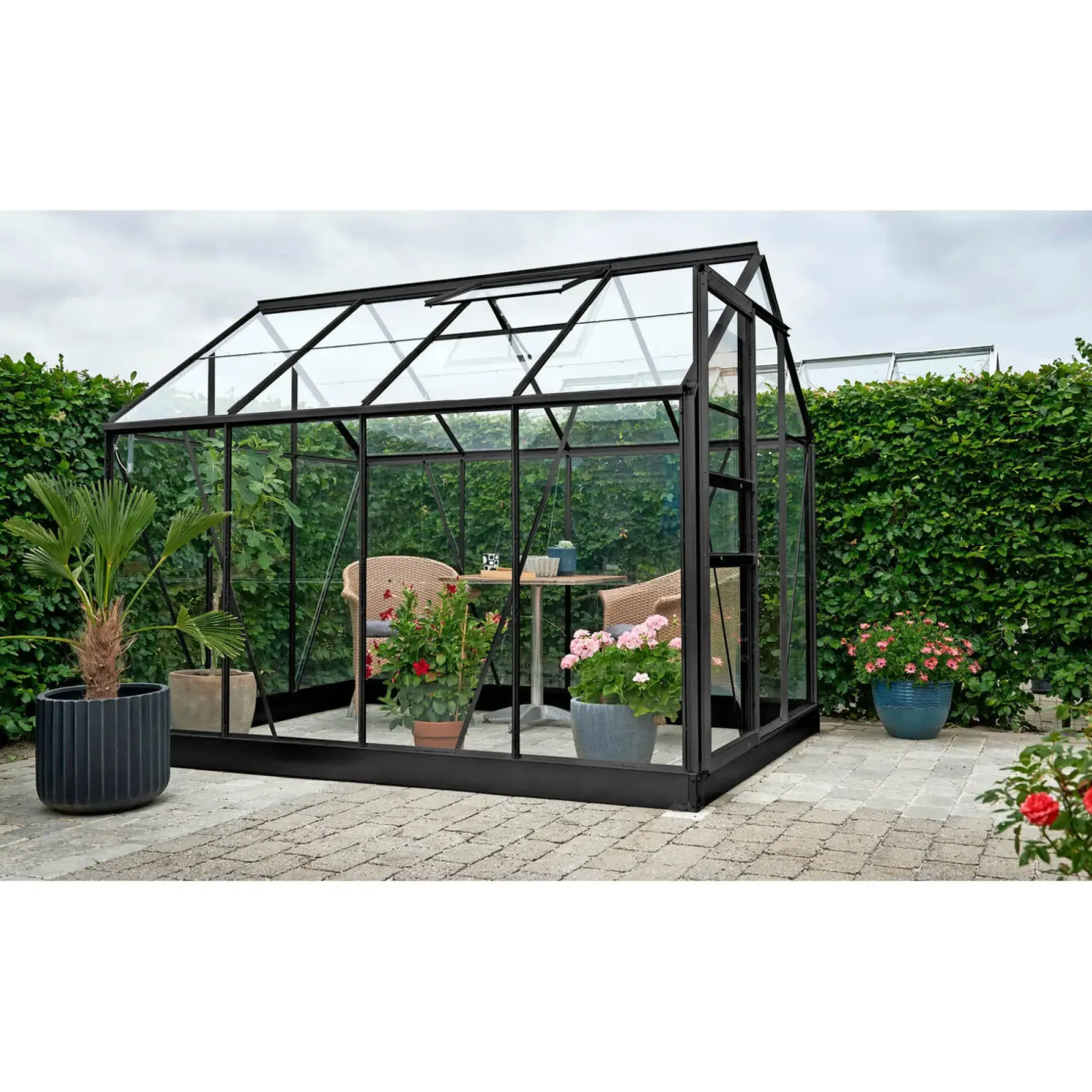 HALLS DRIVHUS INKL. SOKKEL 3 MM DELT GLAS SORT 5 M²>Outrium New