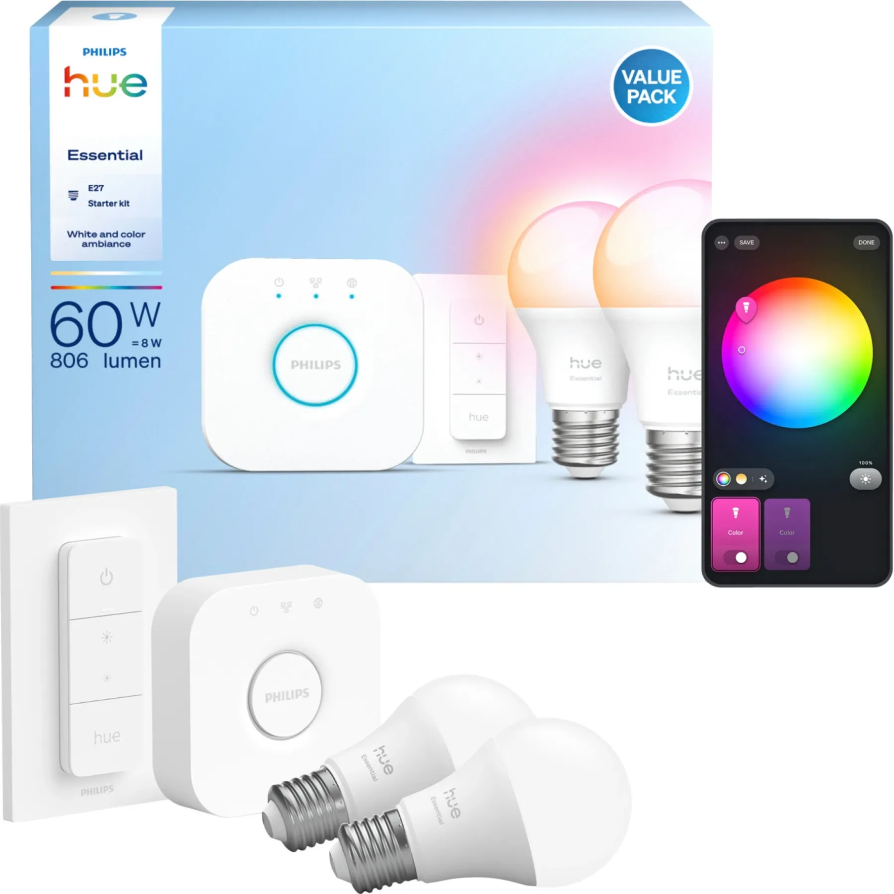 Smart Belysning ^ Philips Hue E WCA 2 X E27, BRIDGE & DIM. SWITCH STARTSÆT