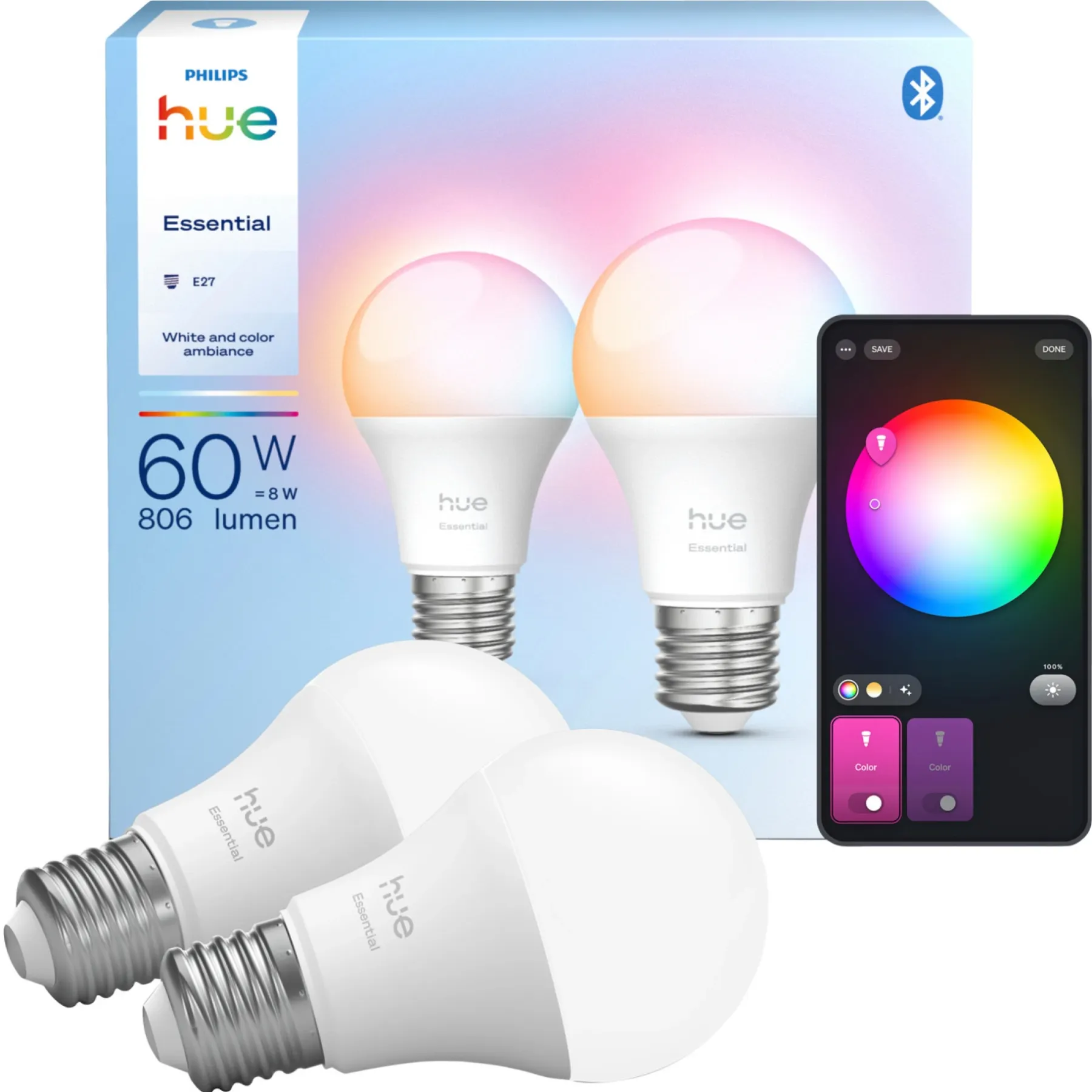 Smart Belysning ^ Philips Hue WCA 2-PAK SMART LED PÆRE E27 PEAR (A60) 8W