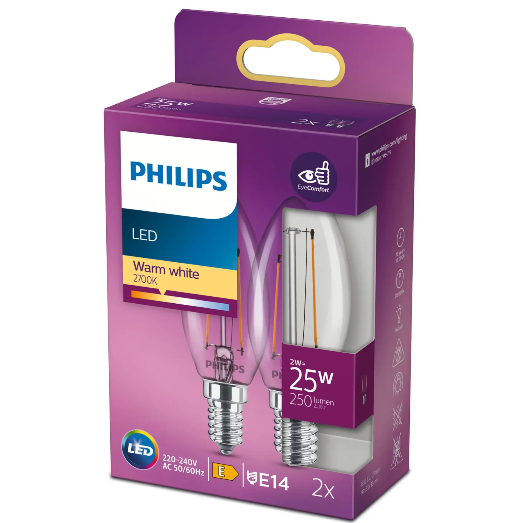 Led ^ Philips 2-PAK KLAR LED PÆRE KERTE E14 2W