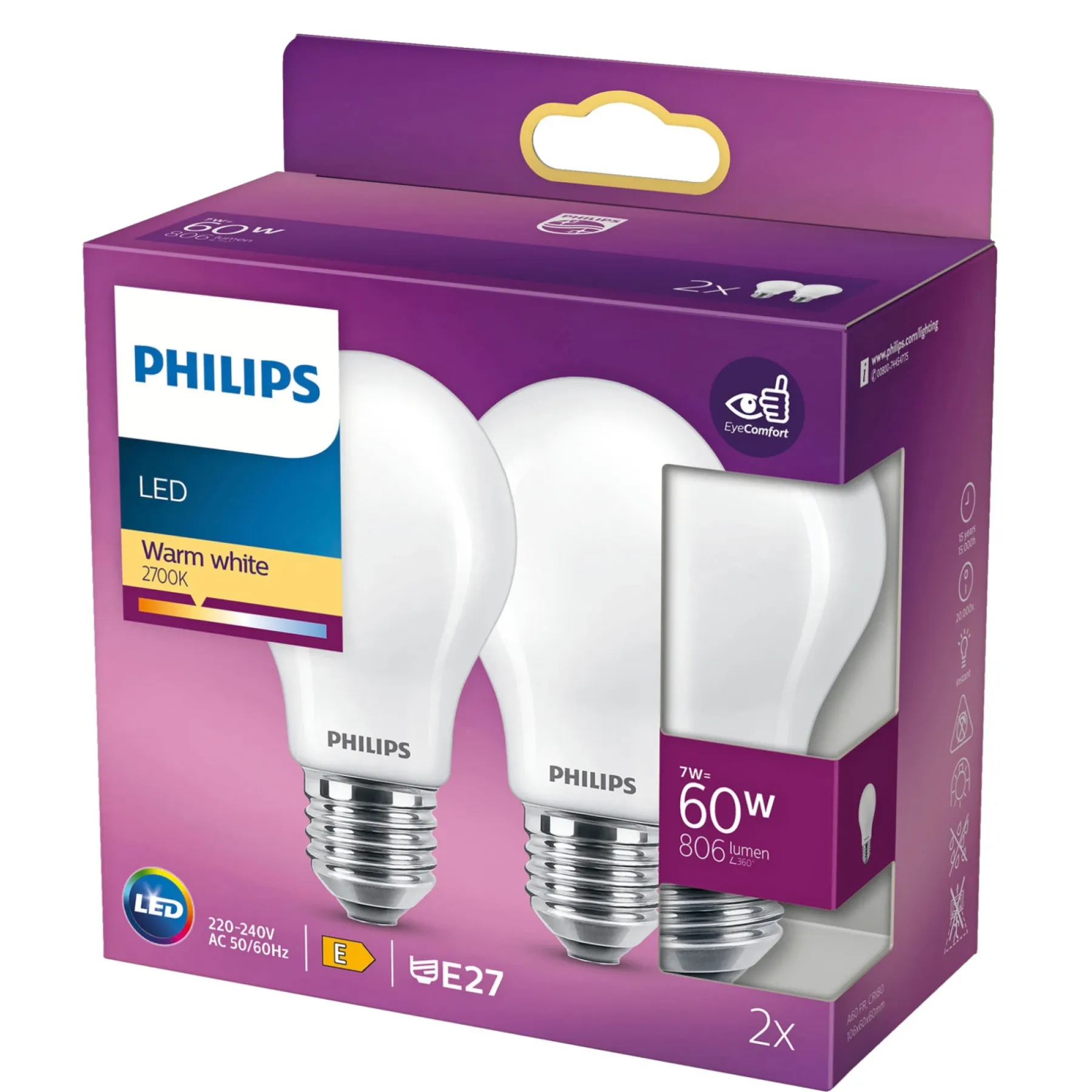 Led ^ Philips 2-PAK LED PÆRE STANDARD E27 7W