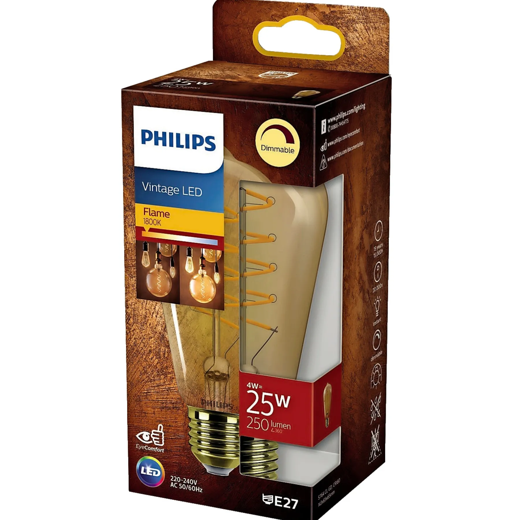 Dekorationspærer ^ Philips VINTAGE DÆMPBAR GULD DEKOPÆRE DRÅBEFORMET E27 4W