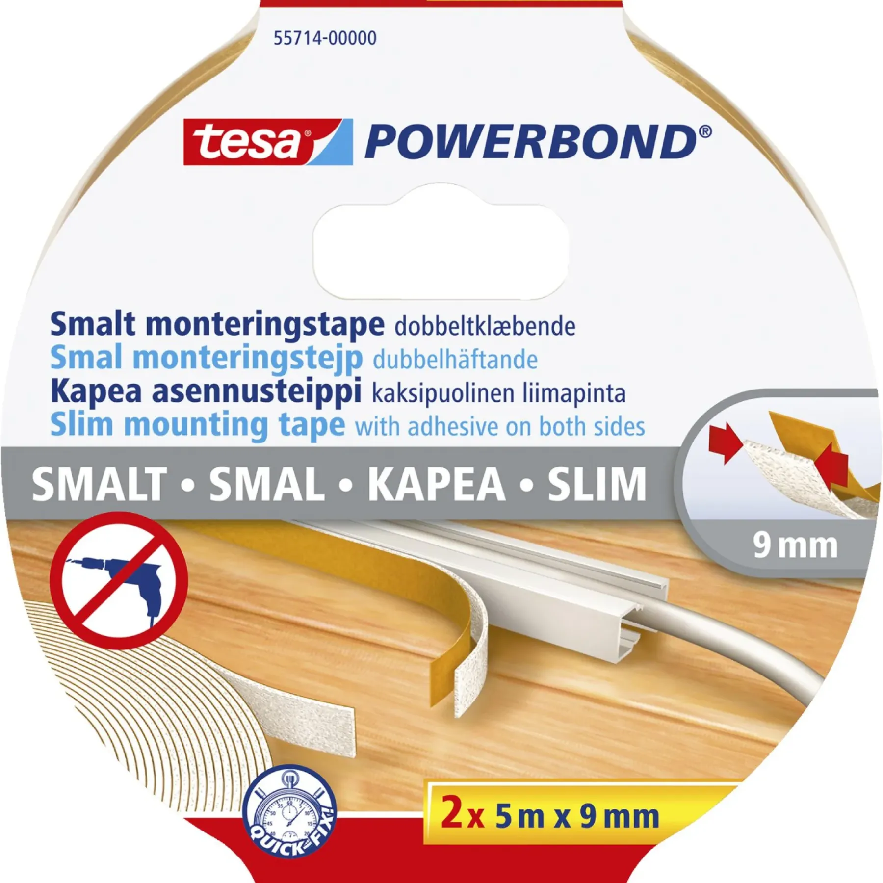 Tape ^ Tesa POWERBOND SLIM DOBBELTKLÆBENDE TAPE 5 M X 9 MM HVID
