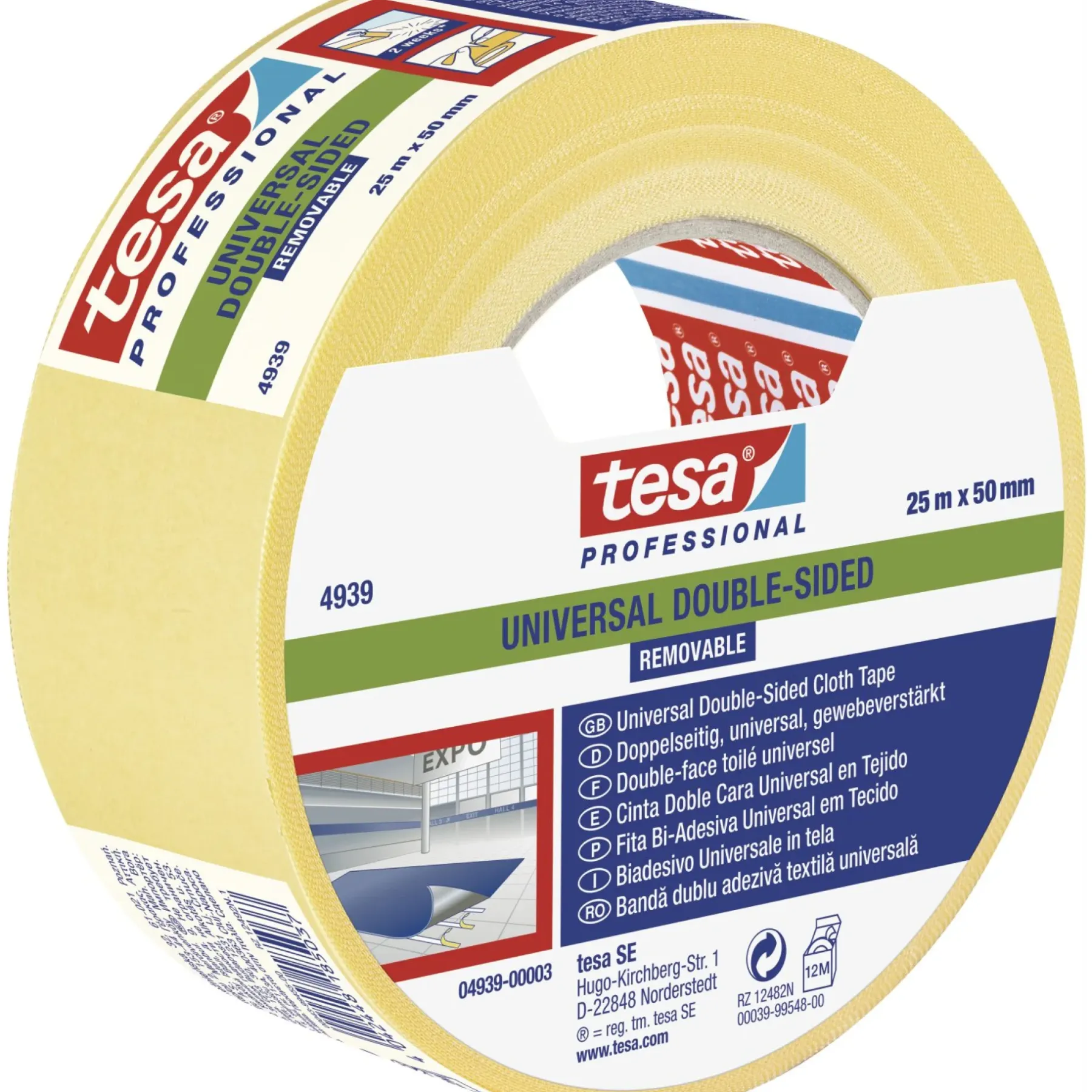 Tape ^ Tesa PROFESSIONAL 4839 UNIVERSAL DOBBELTKLÆBENDE TAPE 25 M X 50 MM HVID