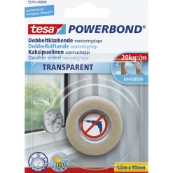 POWERBOND DOBBELTKLÆBENDE TAPE 1,50 M X 19 MM TRANSPARENT>Tesa