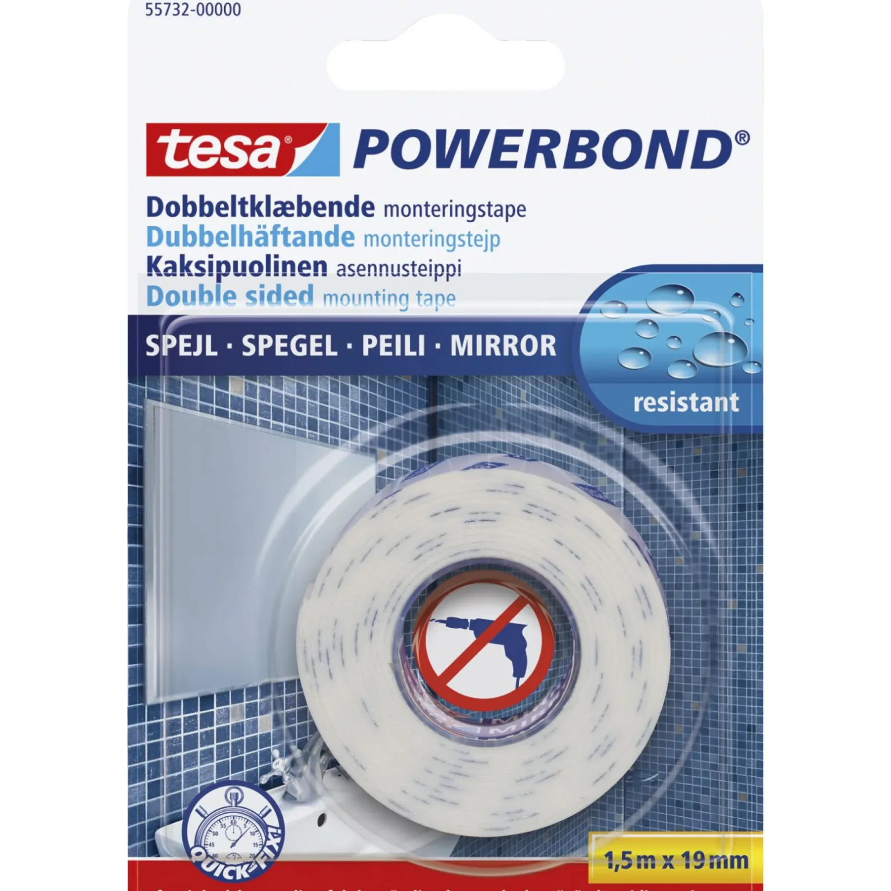 POWERBOND DOBBELT KLÆBENDE SPEJLTAPE 1,50 M X 19 MM HVID>Tesa Sale